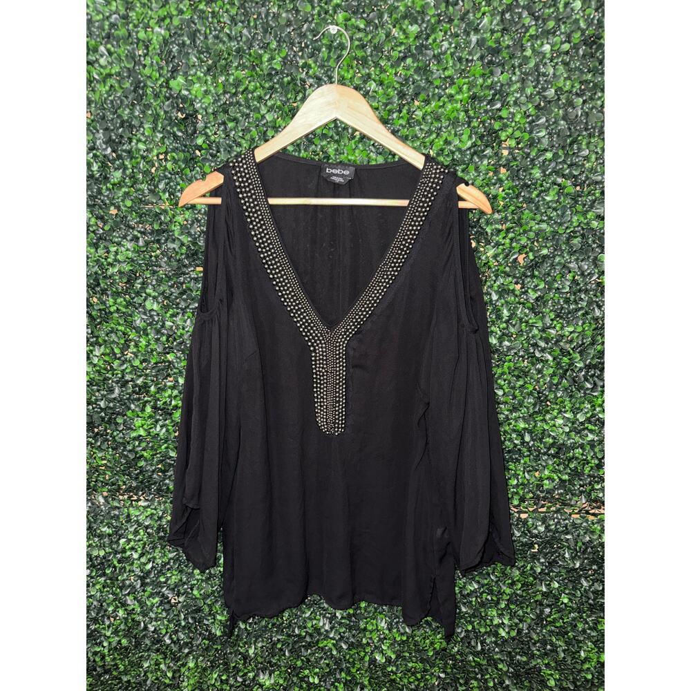 Bebe, Black Beaded Neckline, Open Shoulder, Long Sleeve Blouse Women’s Size L